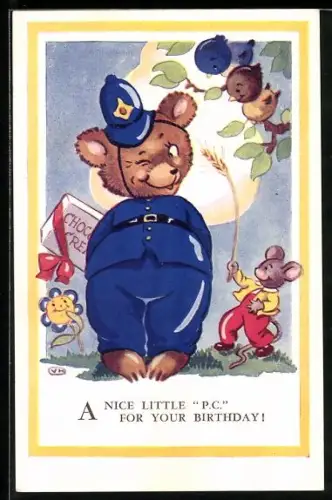Künstler-AK A nice little P.C. for your Birthday, Teddy als Polizist