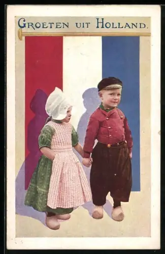 AK Niederländisches Kinderpaar vor der Fahne stehend