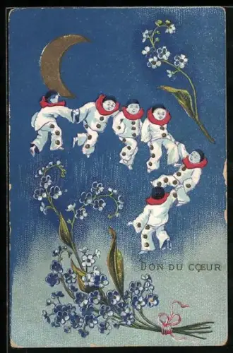 AK Fliegende Harlekins mit Blumen