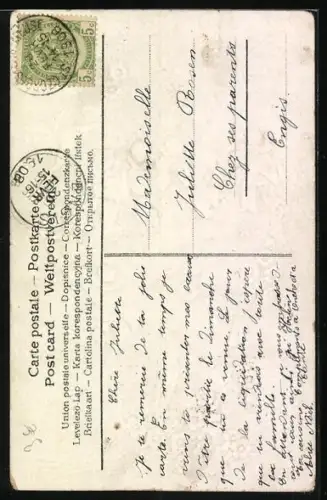 AK Fliegende Harlekins mit Blumen