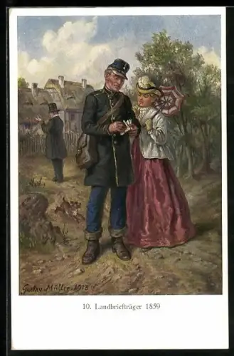 AK Landbriefträger d. Kgl. Sächsischen Post 1859, Dame mit Schirm