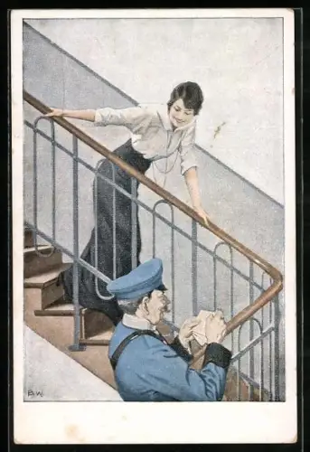 Künstler-AK Brynolf Wennerberg: Der Feldpostbrief, Briefträger im Treppenhaus