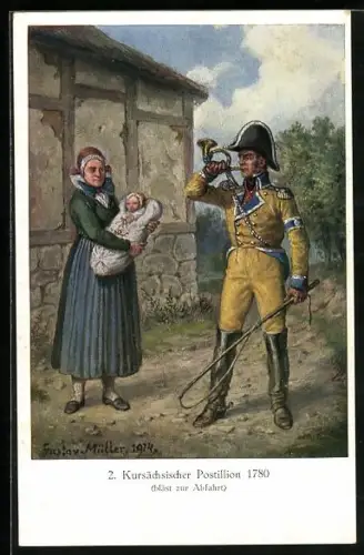 Künstler-AK Kursächsischer Postillion bläst zur Abfahrt, neben ihm steht eine Frau mit Baby auf dem Arm, 1780