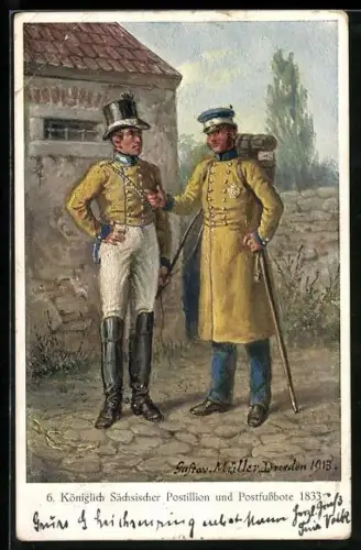 AK Königlich sächischer Postillion und Postfussbote 1833