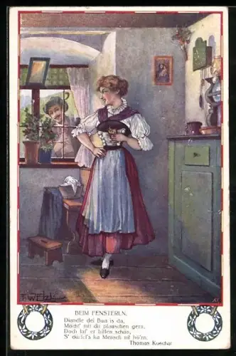 Künstler-AK T.Welzl: Mann und Frau beim Fensterln, Gedicht