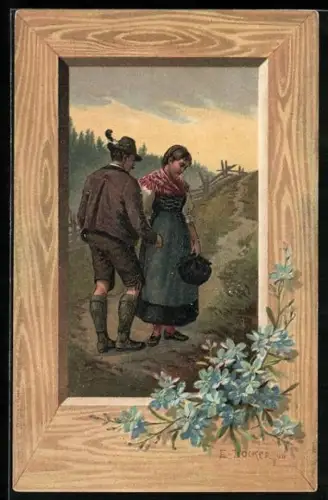 Künstler-AK E. Döcker: Mann gibt Frau die Hand, Vergissmeinnicht