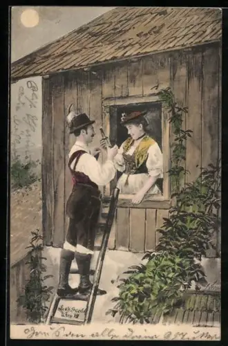 Künstler-AK Charles Scolik: Mann beim Fensterln mit Getränk