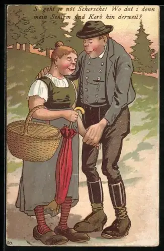 Lithographie Paar in Trachten am Waldrand, Scherz