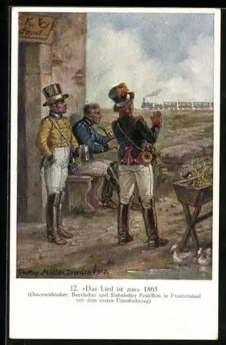 Künstler-AK Österreichischer und bayerischer und sächsischer Postillon in Franzensbad vor erstem Eisenbahnzug 1865