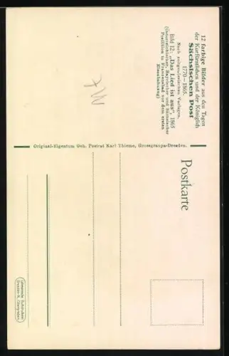 Künstler-AK Österreichischer und bayerischer und sächsischer Postillon in Franzensbad vor erstem Eisenbahnzug 1865