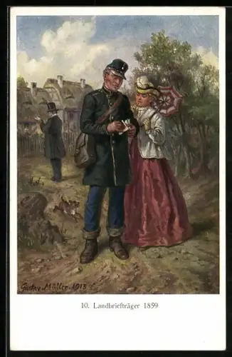 AK Landbriefträger d. Kgl. Sächsischen Post 1859, Dame mit Schirm