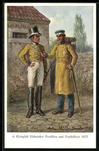 AK Königlich sächischer Postillion und Postfussbote 1833
