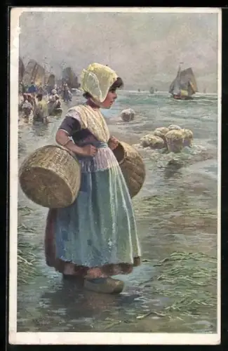 Künstler-AK Rudolf Alfred Höger: Niederländisches Mädchen an der Ostsee bei Ebbe