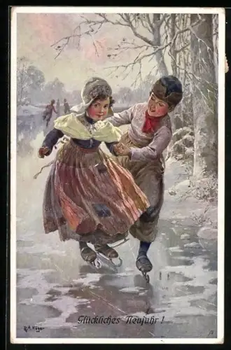 Künstler-AK Rud.A. Höger: Junge und Mädchen beim Schlittschuhlaufen
