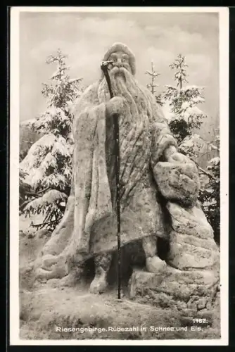 AK Riesengebirge, Rübezahl in Schnee und Eis, Eisplastik