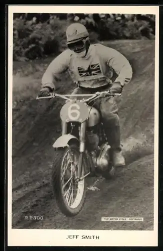 AK Motorradrennfahrer Jeff Smith auf seiner Maschine, The Motor Cycle