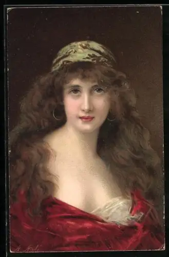 Künstler-AK Angelo Asti: Junge Dame mit Ohrringen und Kopftuch