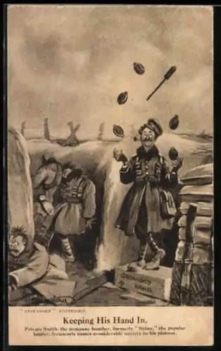 Künstler-AK Bruce Bairnsfather: Britischer Soldat im Schützengraben jongliert mit Handgranaten