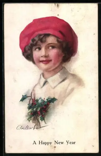Künstler-AK Court Barber: Kleines Mädchen mit roter Mütze, Stechpalme, Neujahrsgruss