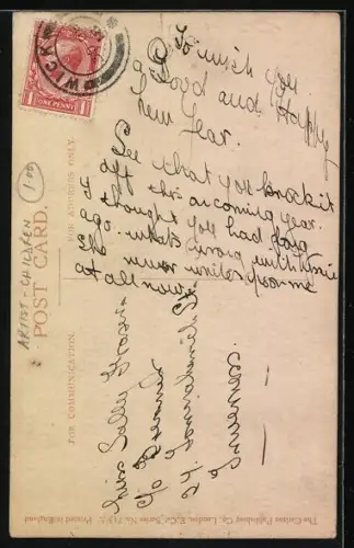 Künstler-AK Court Barber: Kleines Mädchen mit roter Mütze, Stechpalme, Neujahrsgruss