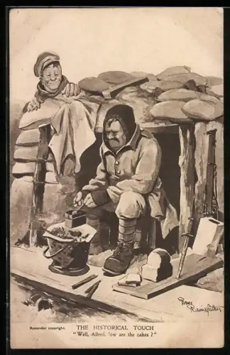 Künstler-AK Bruce Bairnsfather: britischer Soldat im Schützengraben beim Kochen, The historical Touch