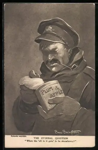 Künstler-AK Britischer Soldat mit Konservendose Plum & Apple