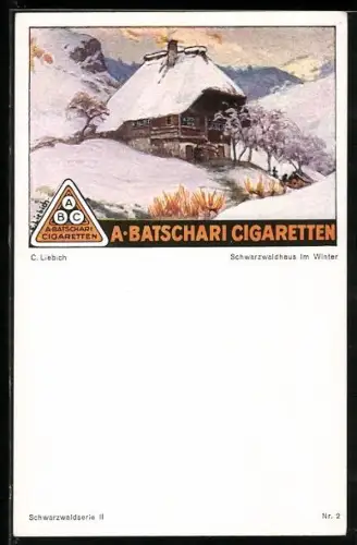 Künstler-AK C. Liebich: Reklame für Zigaretten der Marke A. Batschari mit schneebehangenem Haus