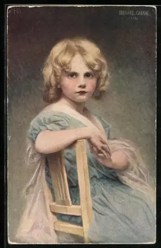 Künstler-AK sign. Edouard Cabane: junges Mädchen in blauem Kleid auf einem Stuhl