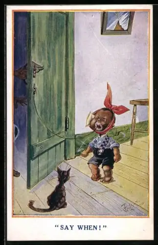 Künstler-AK T. Gilson: Dunkelhäutiger Junge lässt sich einen Zahn ziehen mit einem Seil an der Türklinke