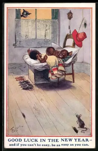 Künstler-AK T. Gilson: Drei dunkelhäutige Kinder in einem improvisiertem Bett, Neujahrsgruss