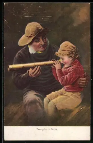 AK Grossvater und Kind schauen durch ein Fernrohr