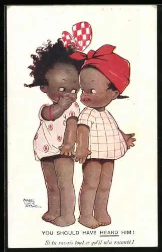 Künstler-AK Mabel Lucie Attwell: You should have heard him!, Afrikanische Kinder tuscheln