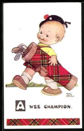 Künstler-AK Mabel Lucie Attwell: niedlicher Bube trägt ein Golfbag