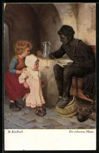 Künstler-AK Hermann Kaulbach: Der schwarze Mann, Schornsteinfeger mit Suppenteller und Kinder