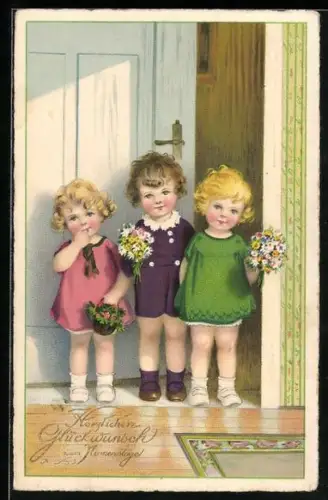 Künstler-AK Fritz Baumgarten: Drei kleine Gratulanten mit Blumen, Namenstagsgruss