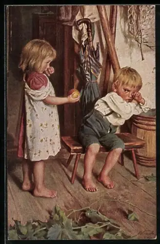 Künstler-AK Mizi Wunsch: Sei wieder gut!, Mädchen entschuldigt sich bei trotzigem Jungen