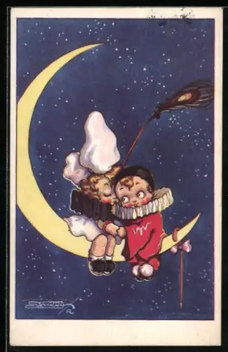 Künstler-AK Roberto Sgrilli: Harlekin und Frau auf dem Mond