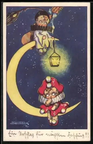 Künstler-AK Roberto Sgrilli: Kleines Paar sitzt getrennt auf den Enden einer Mondsichel