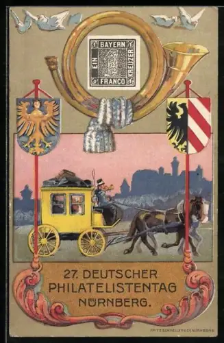 AK Nürnberg, 27. Deutscher Philatelisten-Tag 1921, Postkutsche, Blashorn & Wappen