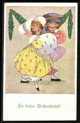 Künstler-AK Agnes Richardson: Zwei kleine Damen mit Muff beim Spaziergang, Schneeflocken, Weihnachtsgruss