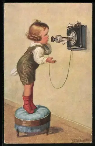 Künstler-AK Wally Fialkowska: Ich werde dauernd falsch verbunden!, Junge beschwert sich am Telefon