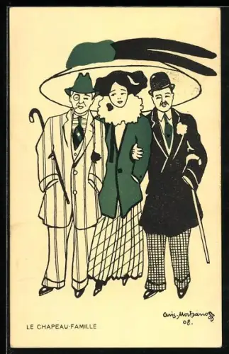 Künstler-AK A. Mertzanoff: Le Chapeau-Famille, Frau mit zwei Männern unter ihrem Hut