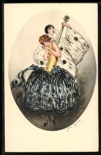 Künstler-AK sign. Jean Gilly: Junge Frau im Kleid, Mann spielt Gitarre