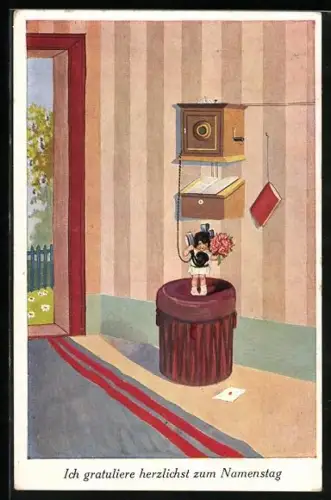 AK Geburtstagsglückwünsche, Kleine Puppe mit Rosenstrauss beim Telefonieren