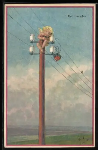 Künstler-AK H.S.B.: Der Lauscher, Amor hört ein Telefongespräch ab, Telefonmast