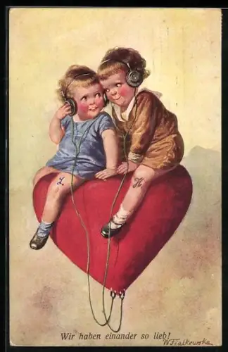 Künstler-AK Wally Fialkowska: Wir haben einander so lieb!, Kinder mit Kopfhörern auf Herz