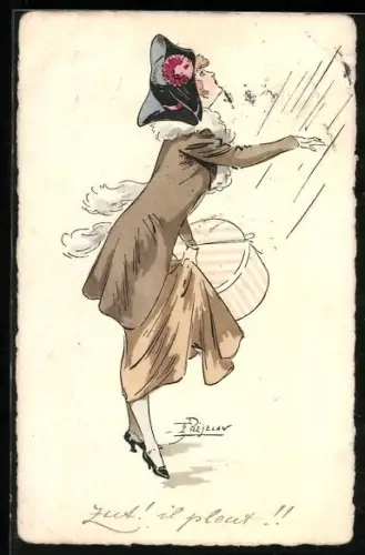 Künstler-AK sign. Prejelan: Dame mit Hutschachtel hält ihre Hand in den Regen