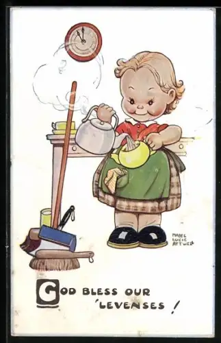 Künstler-AK Mabel Lucie Attwell: God bless our `levenses, Kleine Putzfrau bei der Teebereitung um 11 Uhr