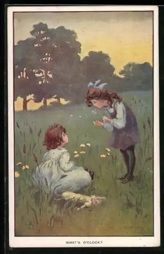 Künstler-AK S. Barham: What's o'clock, Mädchen spielen auf einer Blumenwiese