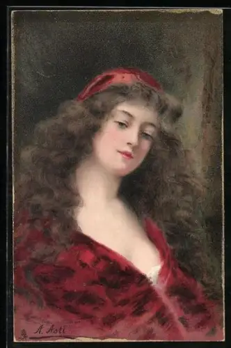 Künstler-AK Angelo Asti: Frau mit wallendem Haar in rubinroter Robe
